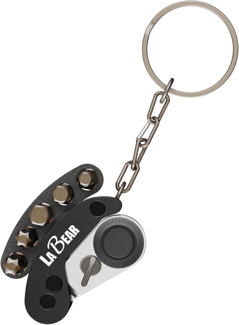 LABEAR - BLACK Mini Folding Ratchet Wrench Set – Compact EDC Multitool with 72-Tooth Reversible Ratchet, 5 Screwdriver Bits, Keychain Design – Ideal for Home, Automotive, and Outdoor Repairs - Image 1